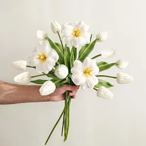 White Artificial Flowers 15 Pcs Fake Faux Tulips Real Touch Tulip Flowers with Stems Easter Spring Flowers for Arrangements Bouquet Wedding Mother's Day Home Centerpieces Table Decor