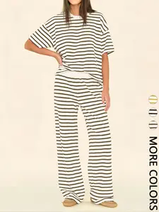 2 Piece Women's Summer Striped Loungewear Set, Oversized Tee & Wide Leg Pants Casual Outfit