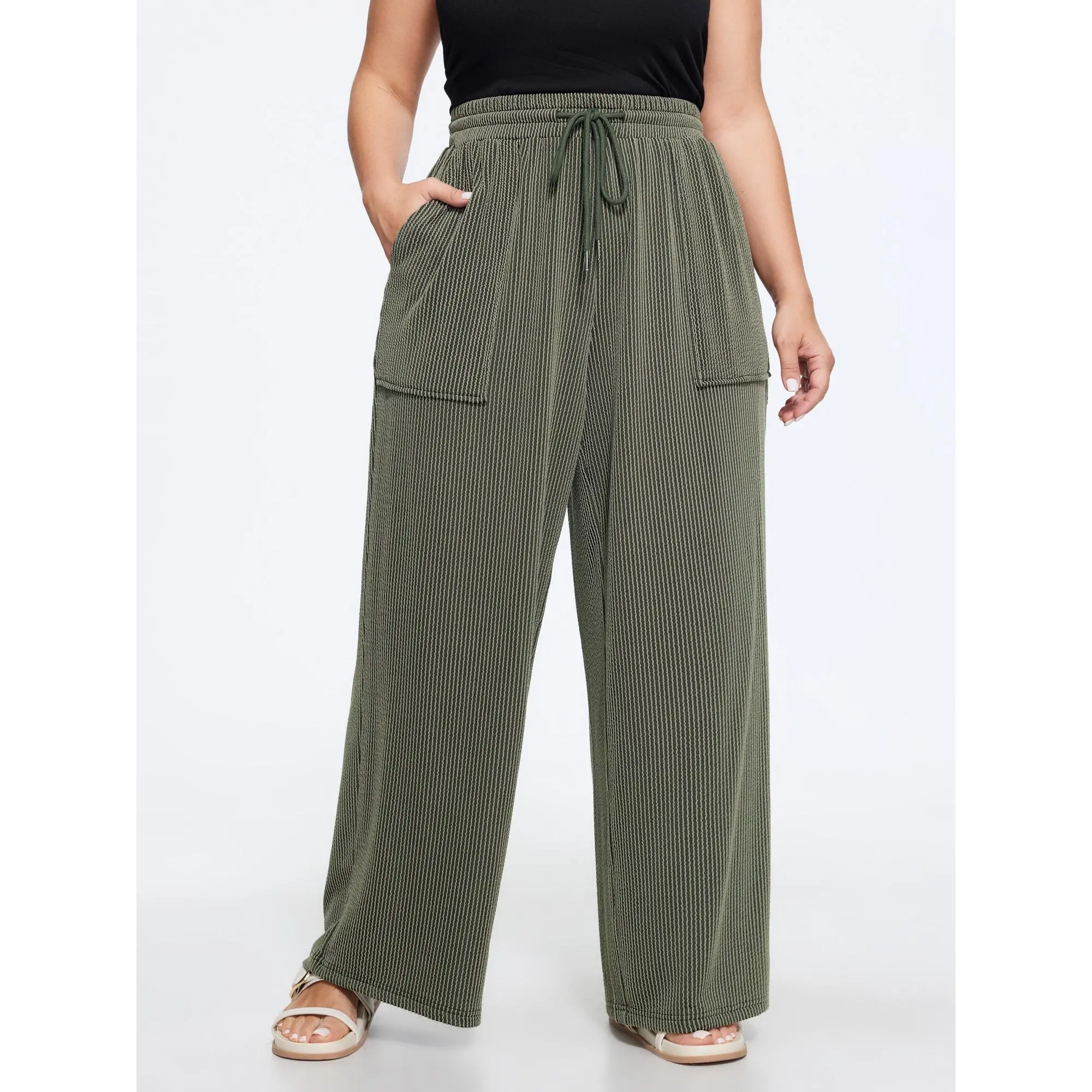 BLOOMCHIC Plus Size Textured Drawstring Pocket Wide Leg Pants[M-6X] Summerfinds