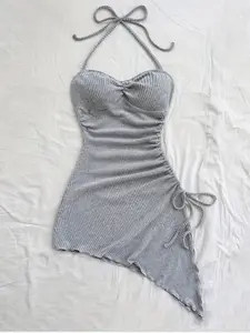 Spring Summer Backless Halter Neck Knit Dress, Sexy Drawstring Waist Adjustable Irregular Hem Asymmetrical Vacation Short Skirt, Tight Fit Fitted Bodycon Dress