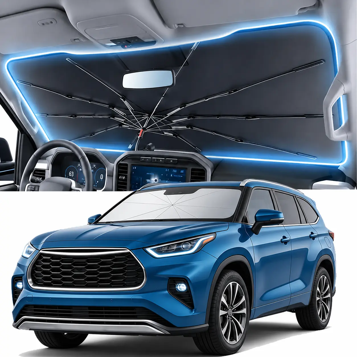 Upgraded Reflective Car Windshield Sun Shade Umbrella, Large Foldable Pop Up Auto Front Window Heat Insulation Cover, 99% UVA UVB Blocker Cooling Anti-Aging Shield for Sedan SUV Pickup Truck MPV Van, Portable Summer Automotive Interior Accessories
