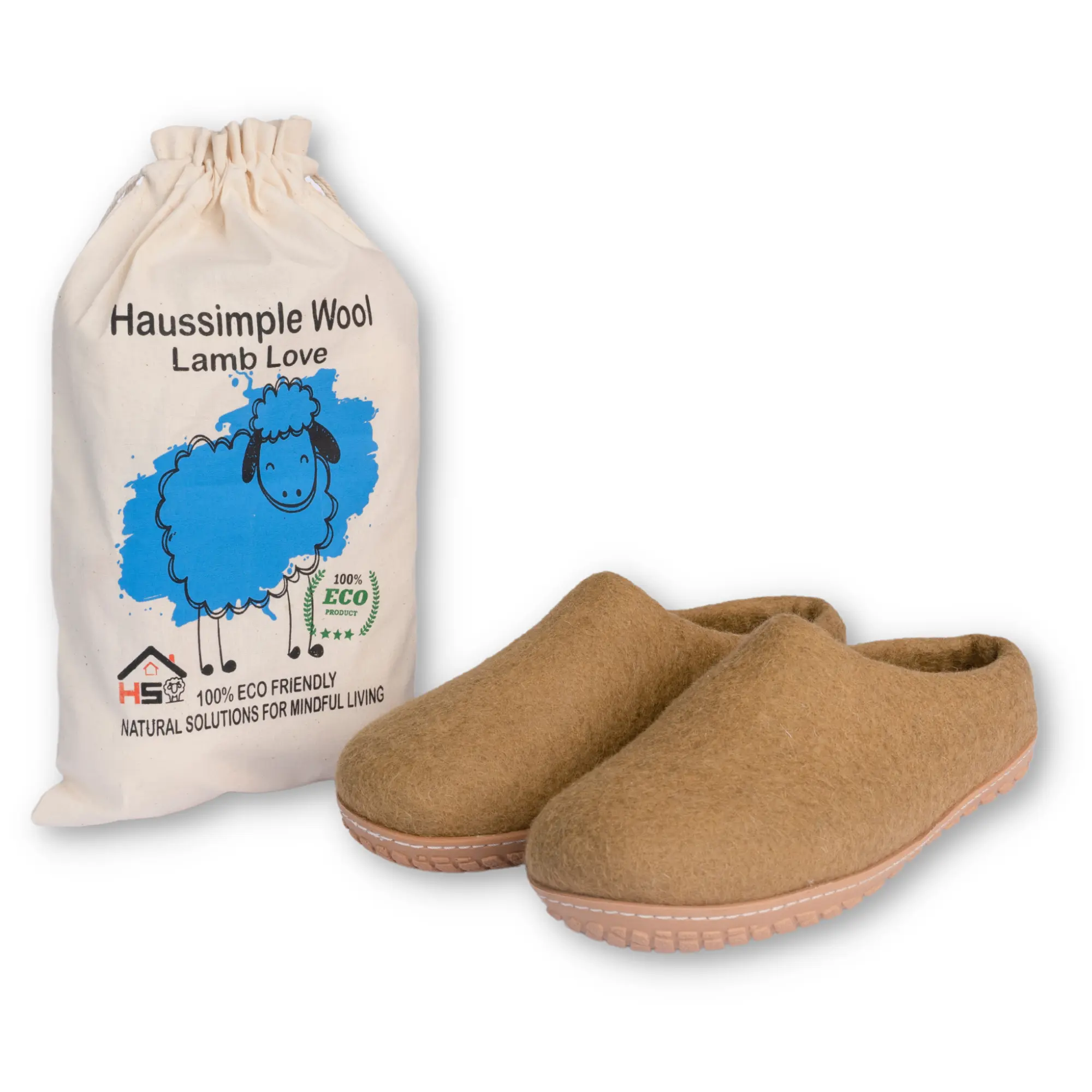 HaussimpleWool Unisex Wool Outdoor Slippers - Tan for Everyday Use, Round Toe, Winter, Indoor & Outdoor, Handmade, Anti-Skid, Soft & Cozy, Organic Merino Wool, Danish-Style, Anti-Slip, Warm & Dry, High-Quality Material