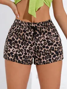 Women's Sexy Leopard Print Three-Quarter Pants, Fashion Casual Shorts, Elastic Waist Drawstring Design, Comfortable Skin-Friendly Bottom