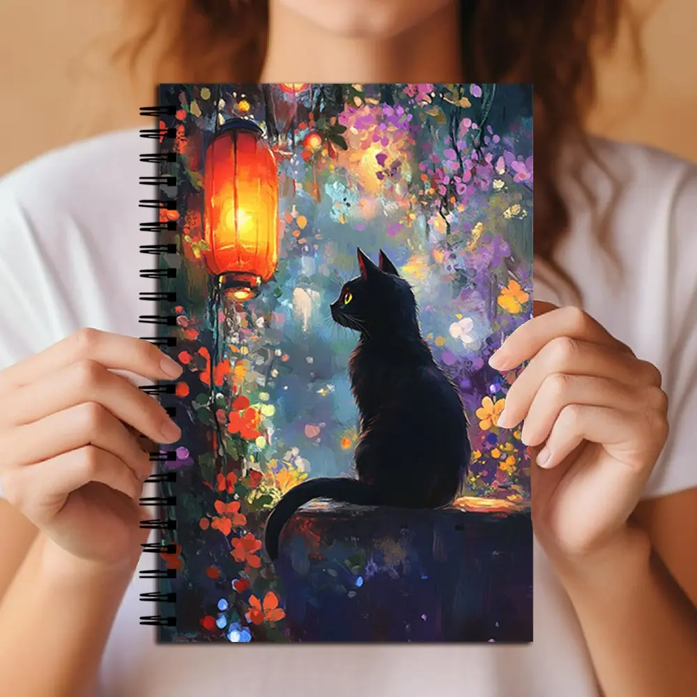 Whimsical Cat Lantern Spiral Notebook, Lined Paper for Writing & Note-Taking, Ideal Gift for Cat Lovers, Students, and Office Use