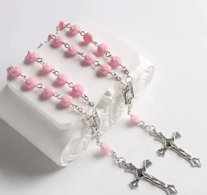 Pink Acrylic Rosary Necklace with Rose Flower Beads & Lourdes Centerpiece - Unisex Costume Jewelry with Clasp, Great Party Favor, Beaded Pendant Necklace, Faith Necklace
