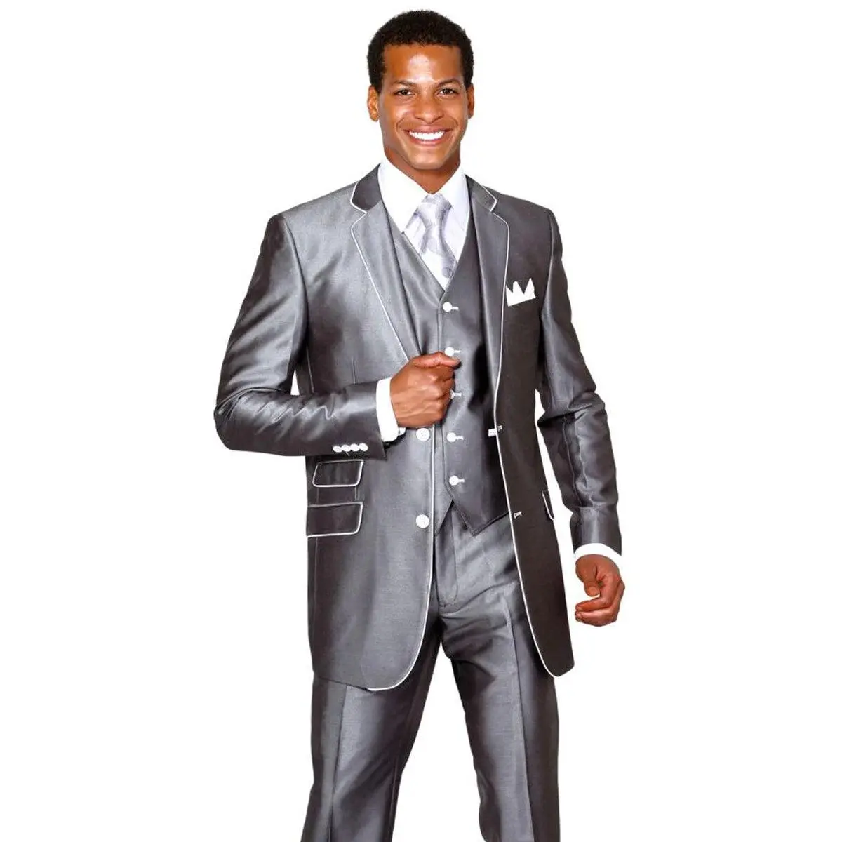Mens Vested Slim Fit Shiny Sharkskin Tuxedo Suit in Silver Grey with White Piping