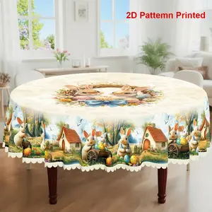 1pc, Easter Themed Party Tablecloth, Spring Summer Rabbit Bow Colored Eggs Daisy Floral Country Style Printed Design, Rectangular/Round/Oval Table Cloth, Embossed Edge, Suitable For Indoor Outdoor Dining Picnic Dinner Dining Room Decoration