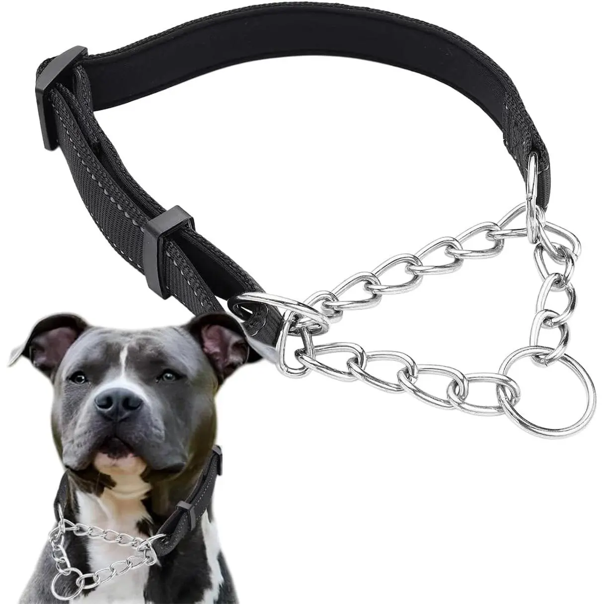 Martingale Collar for Dogs, Reflective Nylon Soft Padded No Pull Training Collars Adjustable Stainless Steel Chain Collar for Small Medium Large Dogs Black X-Large