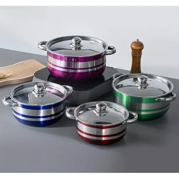 8-Piece Rainbow Iridescent Cookware Set - Purple, Green, Blue, Red Stainless-Steel Nonstick Pots and Pans with Lids, Handles for Baking, Frying, Oven-Safe Kitchen Use, Bake, Rainbow Set