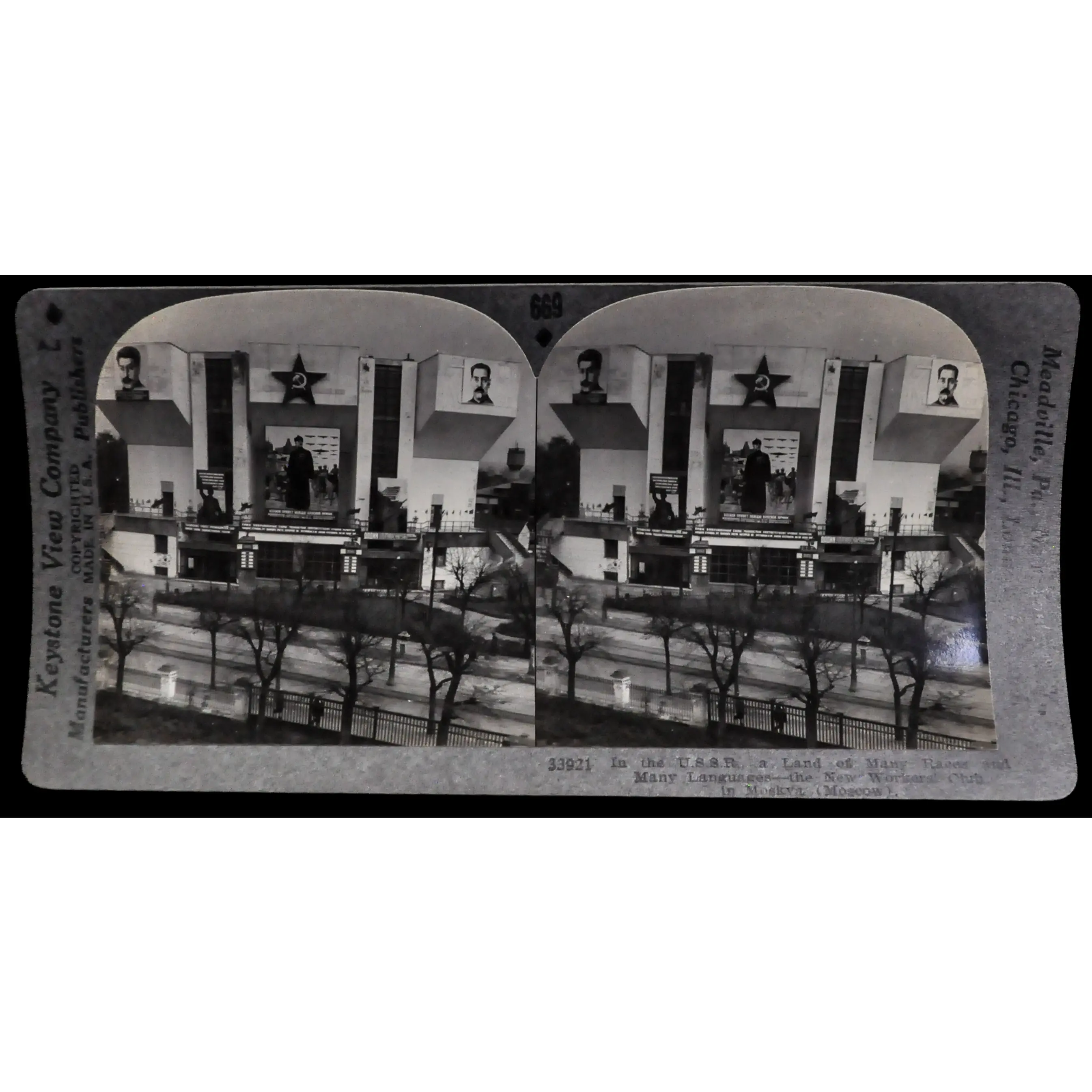 Antique Keystone Stereoview of the New Workers' Club, Moscow, USSR - No. 33921 - 1930s Russian Soviet Stalin Propaganda Stereoview