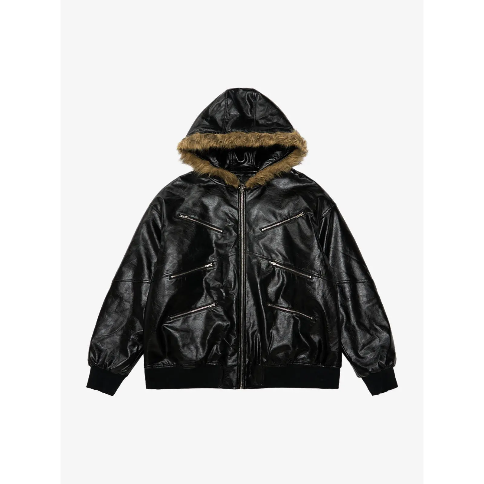 Thesupermade Men's Relaxed Fit Multi-Zip Fur-Hooded Leather Coat, Menswear Fashion Tops for Daily Wear, Coats, Casual