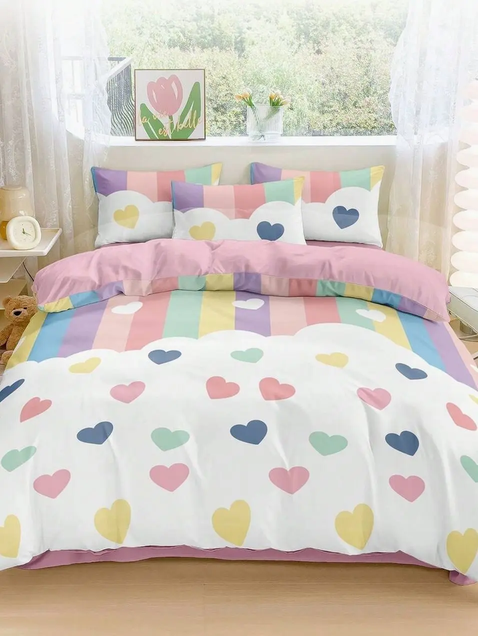 2/3PCS Rainbow Heart Duvet Cover Set, Cute Microfiber Bedding, Soft Breathable Quilt Cover with Pillow Shams, No Insert, Bedroom Decor