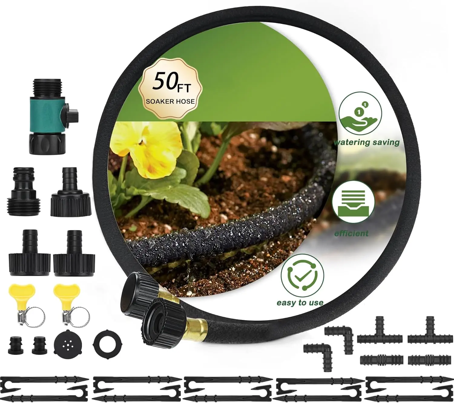 Rubber Soaker Hose 50FT 1/2 Inch Professional Grade Water Saving Brass Fittings Uniform Soaking Root Deep Irrigation for Lawn Farm Greenhouse Easy Connect