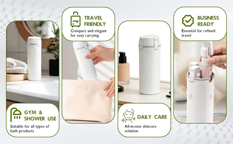 Leakproof pump mechanism demonstration on travel toiletry bottle