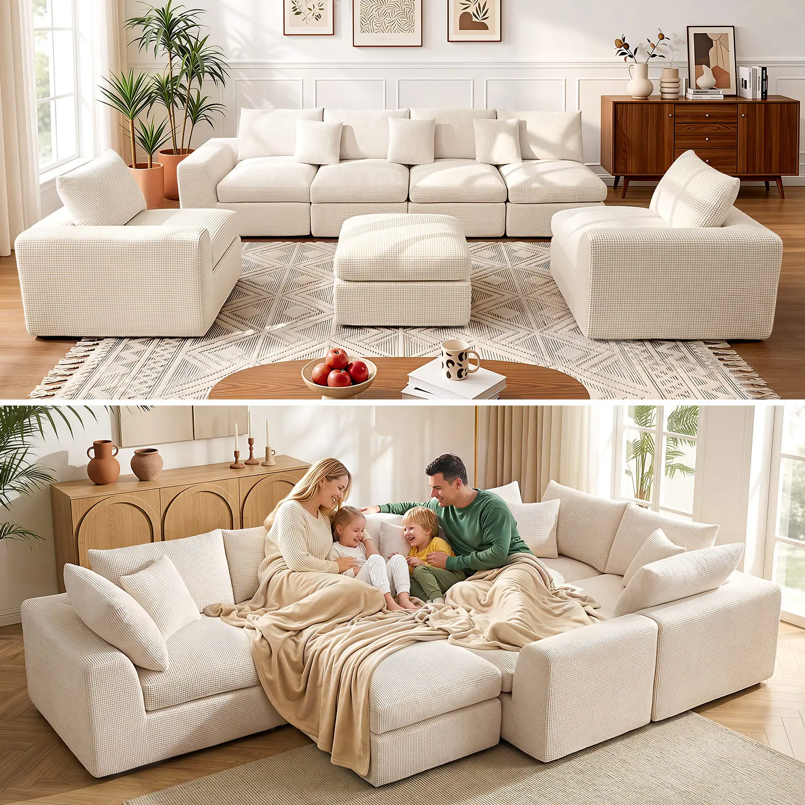 WABCEI 7-Seat Oversized Cloud Modular Boneless Sectional Couch, L-Shaped Convertible Living Room Furniture with Movable Ottoman, Beige Sofas