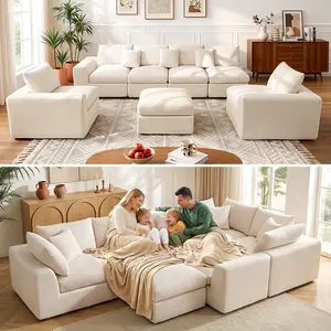【WABCEI】Oversized Cloud Sectional Couches for Living Room, L-Shaped Convertible Sofa, 7-Seat Modular Boneless Couch with Movable Ottoman, Beige