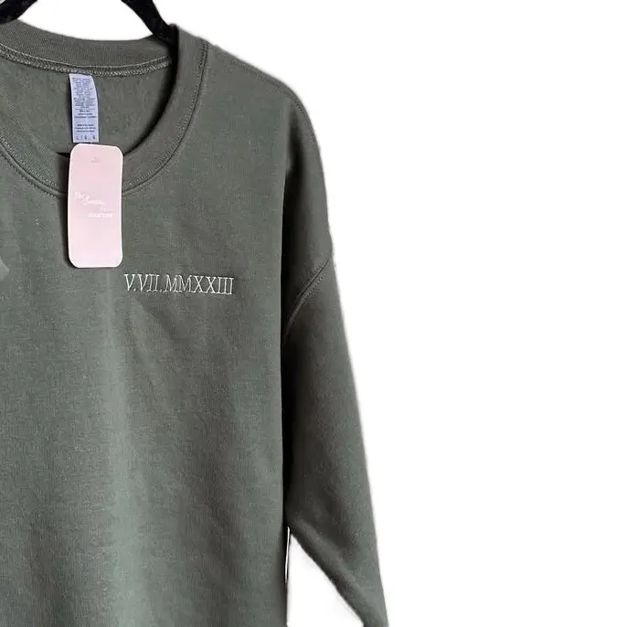 I love you, stay warm on sleeve with Roman numerals date plus initial and heart sweater  Hoodie Pullover Casual Embroidered Sweatshirts Classic Menswear Beige Crewneck Green