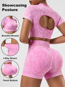 Christin Sport Women Full-Print Backless Cropped Tank Top And Cycling Shorts Seamless Sports Set Workout Women Sets