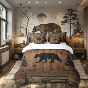 Rustic Bear Comforter Set 7 Pieces Wild Animals Hunt Bed Set for Boys Adults Brown Wooden Plank Bedding with 1 Comforter,1 Fitted Sheet,1 Flat Sheet,2 Pillowcases,2 Throw Pillow Cover