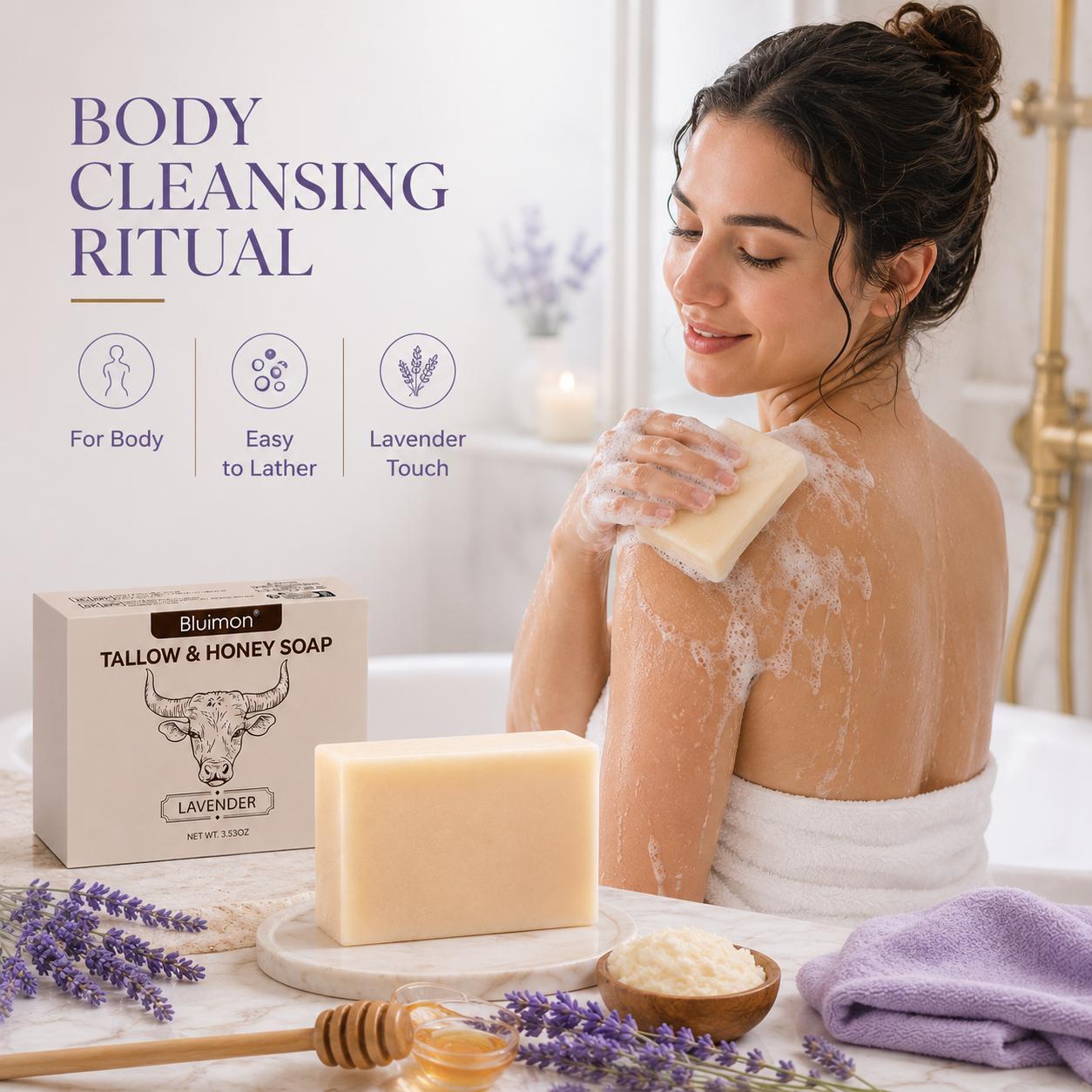 Bluimon Lavender Tallow & Honey Body Wash Soap - Rich Lather, Lavender Aroma Cleansing Bar for Daily Hand & Body Bath, Beauty & Personal Care Item
