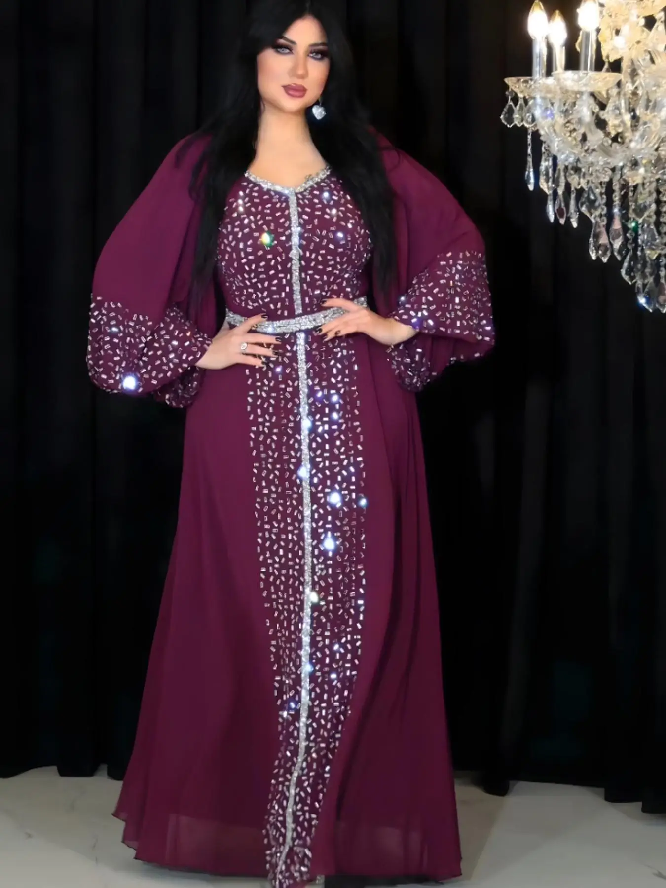 Women's Rhinestone Decor Lantern Sleeve Dress, Elegant Scoop Neck A Line Dress for Party Banquet Festival Celebration Social Occasion, Ladies Clothes