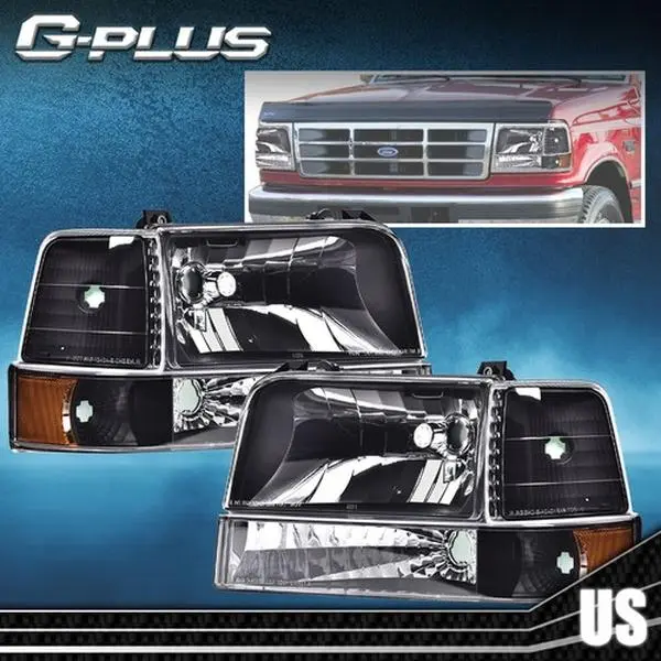 G-PLUS Pair Set Car Headlights for 1992-1996 Ford F150, F250, F350, Bronco - Amber Reflector, Black Housing, Weather Resistant, New Condition, Car Exterior Upgrade, Enhanced Night Driving Vision