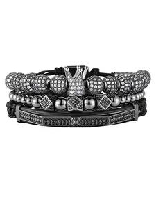 Men's Copper Zircon Crown Diamond Ball Rhombus Dual Row Crescent Bracelet Set, Stackable Bracelets, European Style Fashion Jewelry, Trendy Accessory