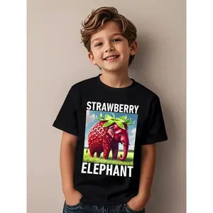 Boys and Girls Strawberry Elephant Graphic T-Shirt - Cute Pink Elephant and Strawberry Print Short Sleeve Tee, White Casual Birthday Party Outfit, Soft Crewneck Top for Kids, Machine Washable