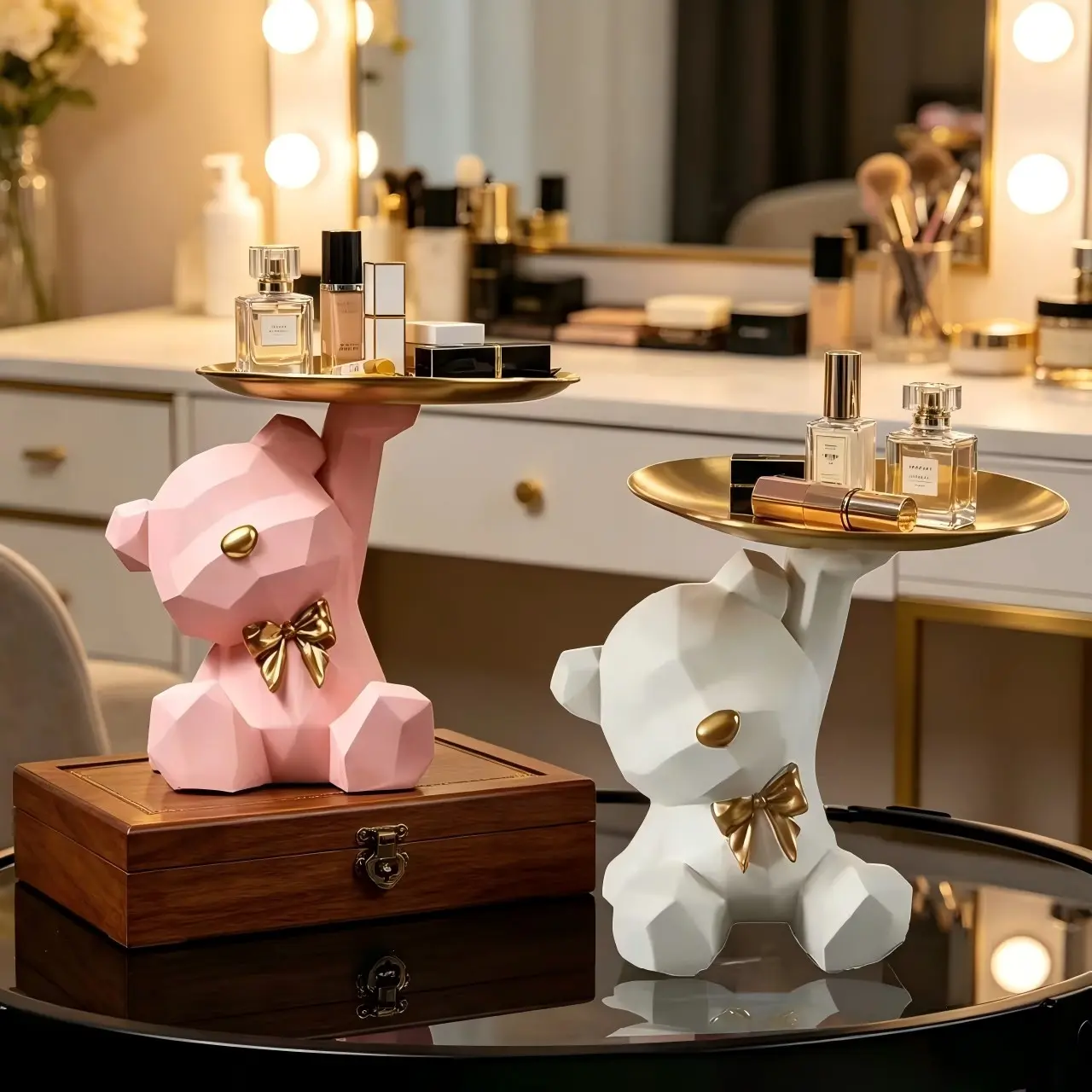 Geometric Bear Tray Decor, 2pcs Bow Resin Bear Storage Statue, Vanity/dentry Key/cosmetic Organizer, Home Decoration, Resin Figurine Statue, Decorative Figurines, Home Decor Supplies