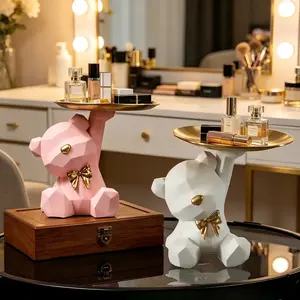 Geometric Bear Tray Decor, 2pcs Bow Resin Bear Storage Statue, Vanity/dentry Key/cosmetic Organizer, Home Decoration