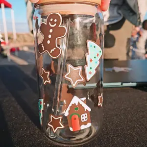 Glass Mug with Lid and Straw - Gingerbread Design - Drinkware