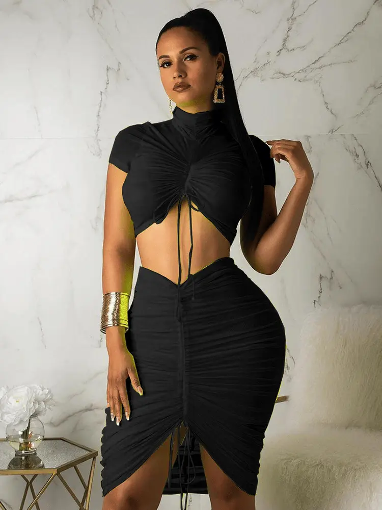 Neon Green Yellow Sexy Two Piece Set Women Turtleneck Short Sleeve Crop  Top+ Pleated Bodycon Dress Tracksuit 2 Piece Club Outfit - TikTok Shop