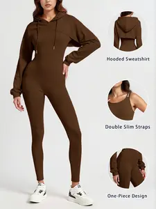 Women's Two-Piece Yoga Bodysuit, High-Elasticity Shaping Sexy Sleeveless Tummy Control Jumpsuit with Hooded Long-Sleeved Pullover Sweatshirt Set