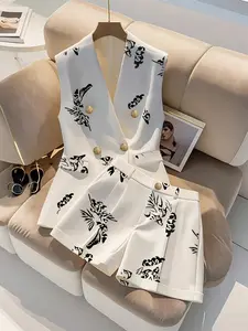 Women's Floral Print Sleeveless Belted Vest and Shorts Set, Fashion 2 Piece Suit Jacket and Short Pants, College Clothing Womenswear