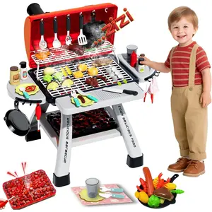 Kids BBQ Grill Playset, Play Kitchen Toys Grill with Smoke Sound Light Simulation Pretend Play Food for Toddlers 3-5 Camping Cooking Set Birthday Gifts Christmas for Grandkids