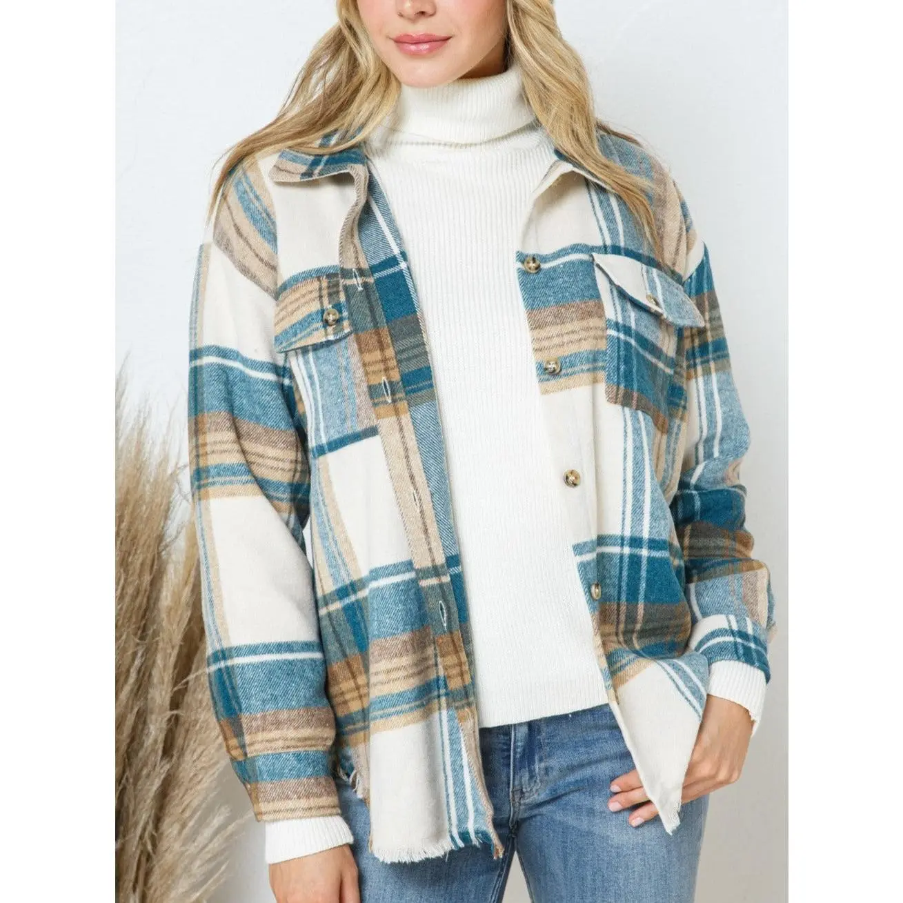 Falling For You Oversized Shacket - Teal Taupe Multi