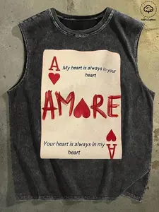 Men’s sleeveless vest T-shirt; retro street style, high-quality 100% water-washed cotton, soft, comfortable, breathable, with a heart-shaped poker design. Suitable for casual summer wear, hip-hop/campus style, versatile and fashionable.