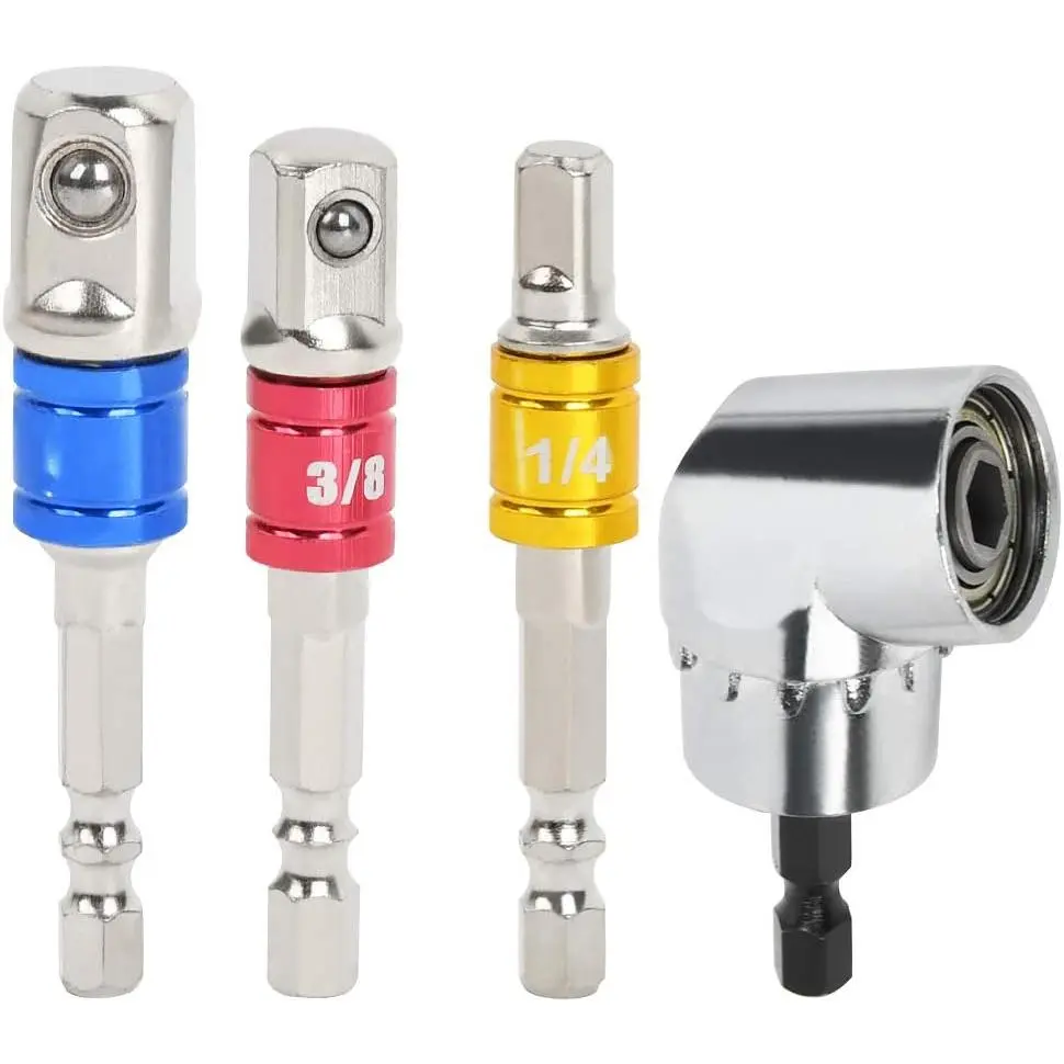 3Pcs 1/4" 3/8" 1/2" Cr-V Hex Shank Impact Grade Socket Adapter Extension Set &amp; 105° Right Angle Drill Bit Attachment Drive 6mm Magnetic Screwdriver Holder Adaptor