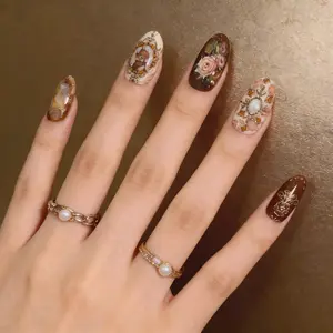 Easter Oil Painting Rabbit Amber Rose False Nails, Autumn Winter Elegant Gradient Wearable Nail Art, Fashion Party Date Evening High-End Style