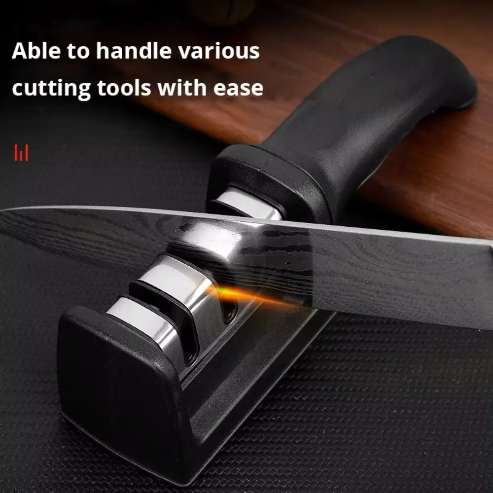 3-Stage Handheld Kitchen Knife Sharpener - Black Multi-Functional Sharpening Stone for Knives, Scissors & All Household Blades