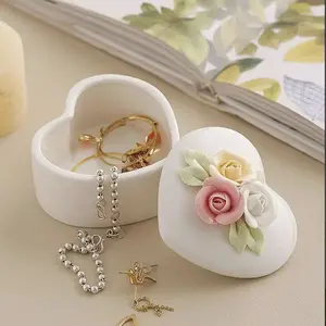 Heart pink rose Ceramic Box Jewelry Storage keep sake box jewelry storage desk decor hand made home floral decor heart box gift for her