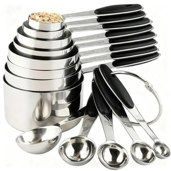 Stainless Steel Measuring Cups and Spoons Set - 13 Pieces, Includes 8 Measuring Cups with Black Silicone Handles and 5 Measuring Spoons, Kitchen Accessories for Baking and Cooking essential baking tool me spoons cup Kitchenware