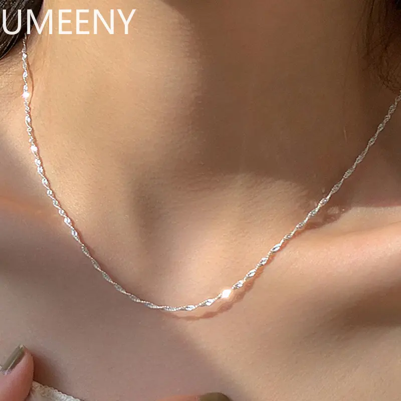 FashionUS - New 925 Sterling Silver Sparkling Water Wave Chains Necklace Smooth Choker Simple Women For Girls Wedding Gift Fine Jewelry