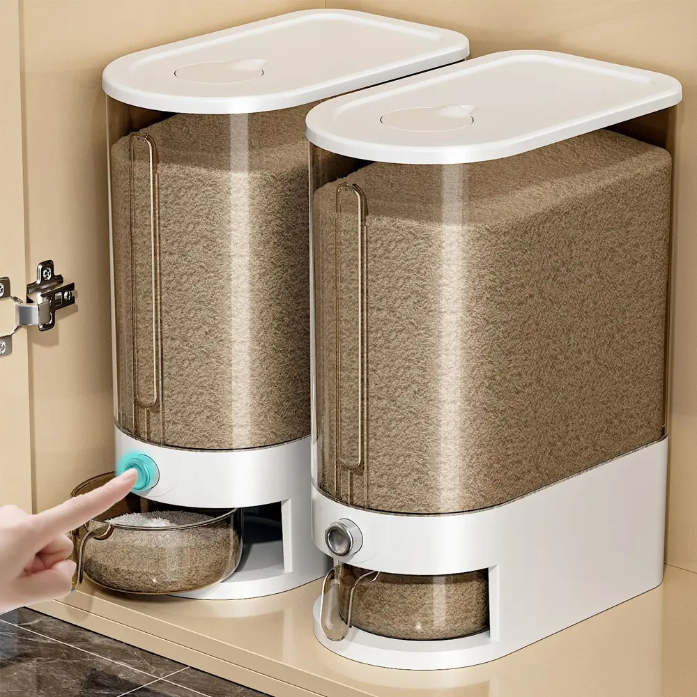 Airtight Rice Dispenser with Measuring Cup, Moistureproof Plastic Storage Container for Soybeans Corn Grains Pet Food Cat Dog Kibble, Portion Control Containers, Kitchen Storage Containers