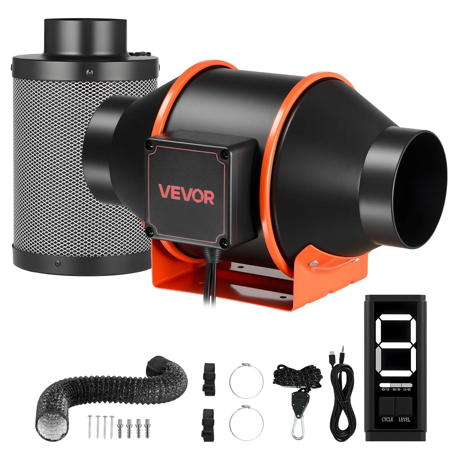 VEVOR 4-Inch Inline Duct Fan Kit Set with Carbon Filter, 205 CFM EC Pure Copper Motor, 3-Speed Circulation, 10-Speed PWM Controller, Timer, Aluminum Foil Ventilation for Grow Tents, Indoor Gardening