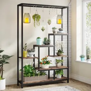 Tribesigns 70.9-Inch Metal Plant Shelf for Indoor Gardens, 5-Tier Black Stand with Hanging Hooks
