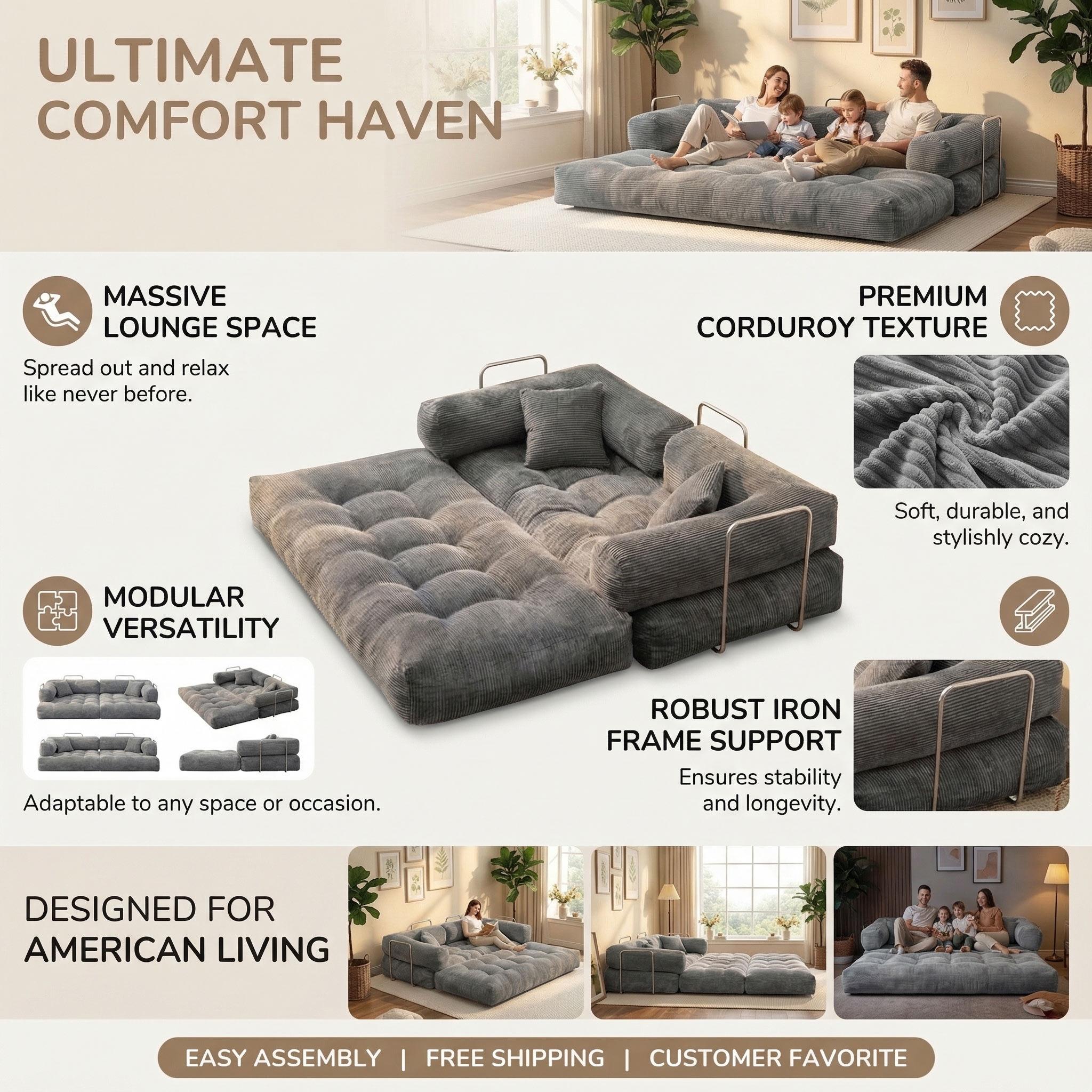 80''foldable boneless indoor sofa - Unassembled leisure furniture with a soft and stress-relieving design, suitable for outdoor and bedroom use.