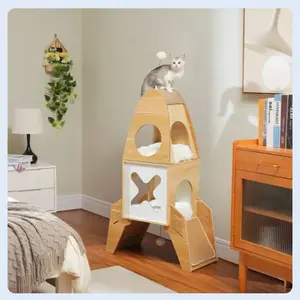 Modern Rocket Cat Tree – Wooden Space-Themed Tower with 2 Condos & Toys