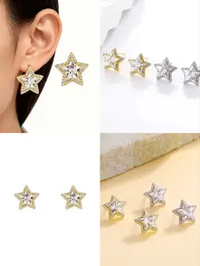 【PANG Jewelry】Star Stud Earrings for Men Women Cubic Zirconia Minimalist Dainty Everyday Golden  Metallic Unisex Jewelry Gift
