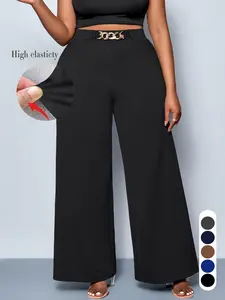 Women's Plus Size Casual Basic Plain Wide Leg Pants, Long Fitted Kint Fabric, All Season Comfortable Clothing for Daily Wear & Travel